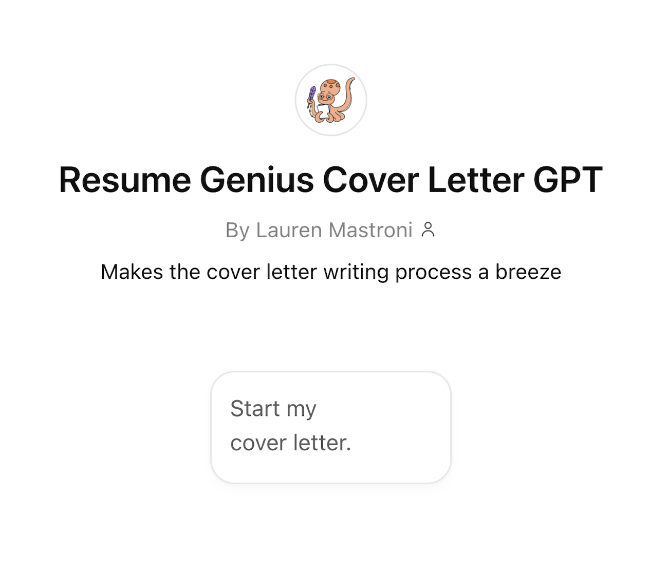 A screenshot of the Resume Genius cover letter GPT interface.