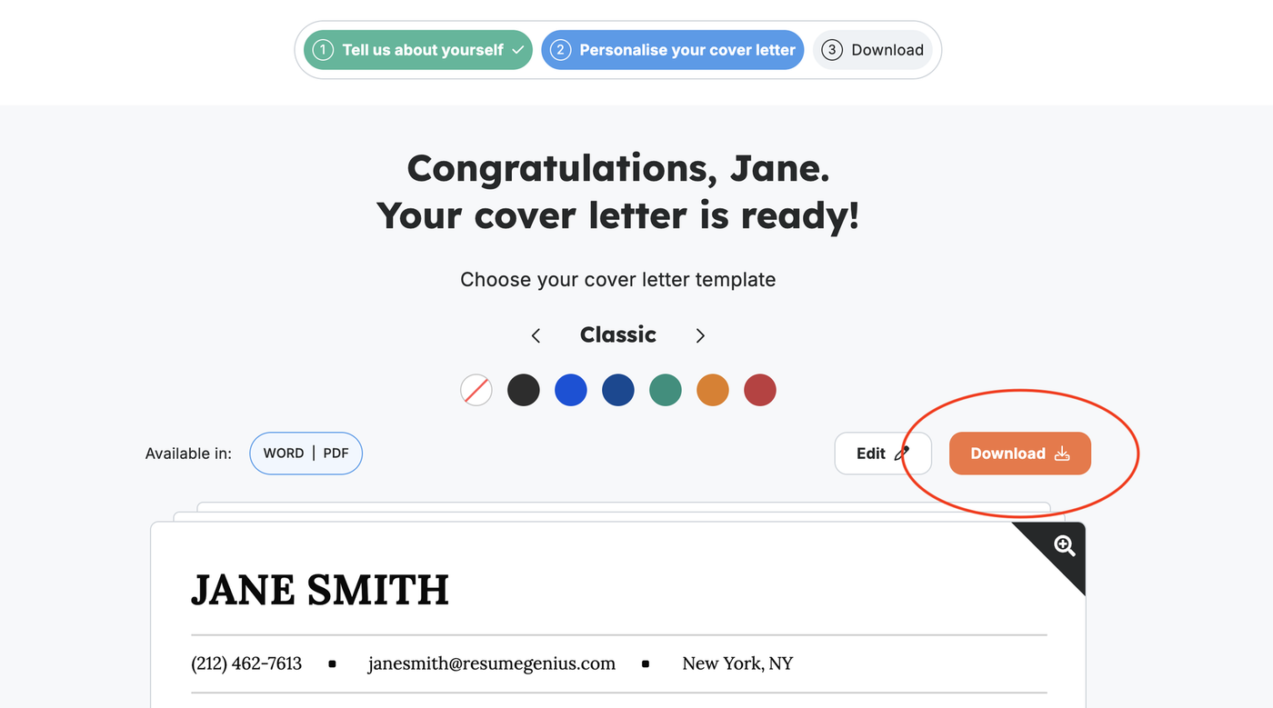 A screenshot showing the location of the orange "Download" button in the Resume Genius cover letter builder. The button is in the upper right hand corner of the review panel, directly above the preview of the finished cover letter.