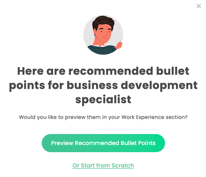 A screenshot from the Resume Genius builder showing how to get recommended bullet points.