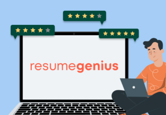 A graphic showing a man sitting next to a computer with the Resume Genius logo on the screen.