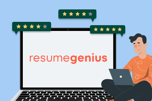 A graphic showing a man sitting next to a computer with the Resume Genius logo on the screen.