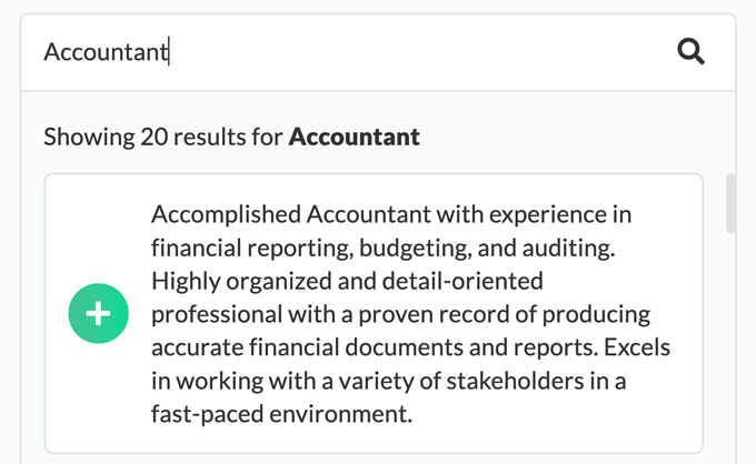 A screenshot from the Resume Genius builder showing a resume objective example for an accountant.
