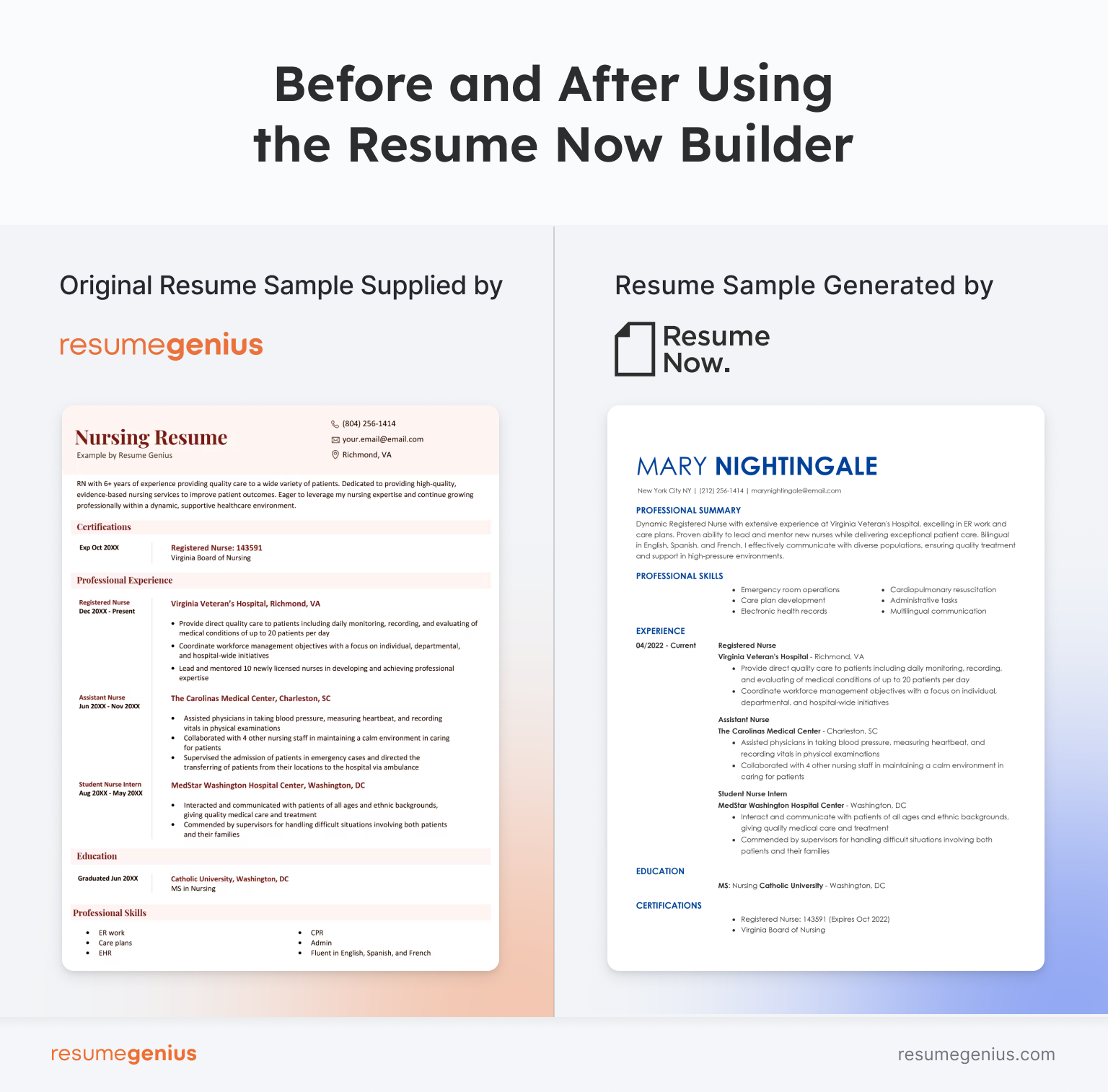 An original Resume Genius resume example and the resulting generated Resume Now resume.