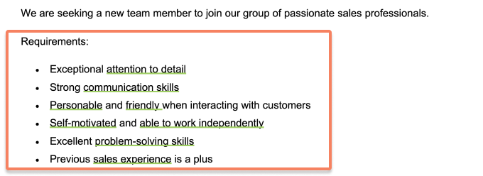 An example of a job description with resume keywords highlighted