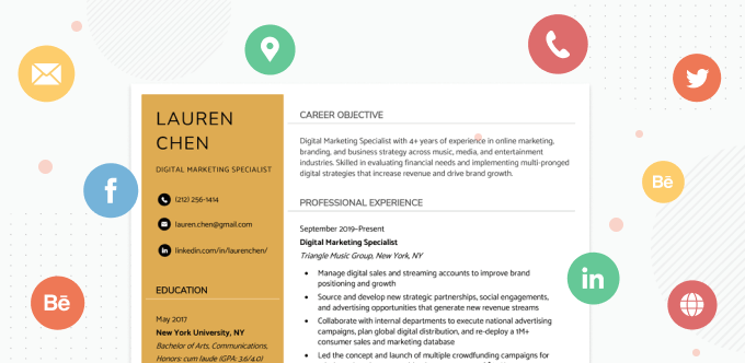 An image of a resume surrounded by floating resume icons for labelling contact information