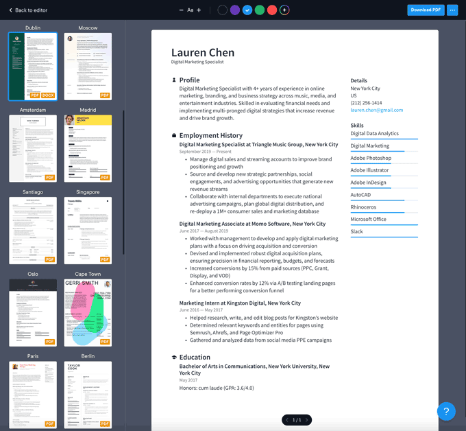 Image of some templates available on Resume.io and their file types. 