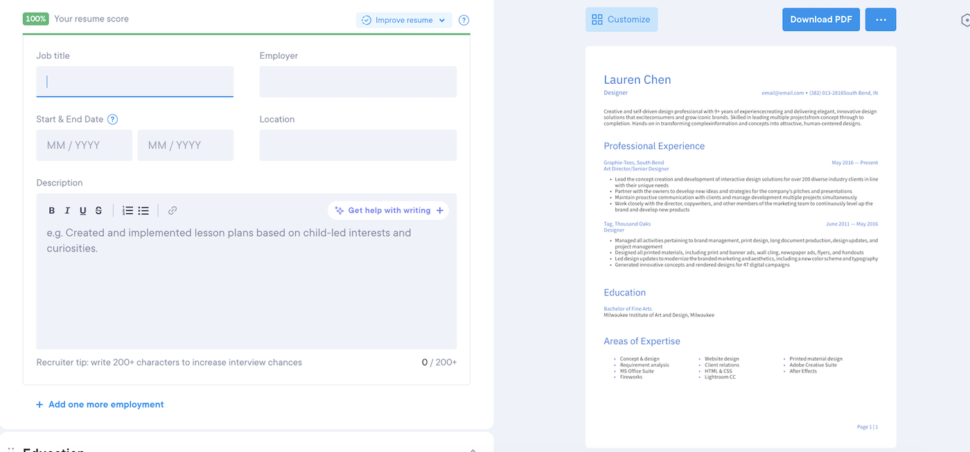 Image of filling out the sections in the Resume.io builder.