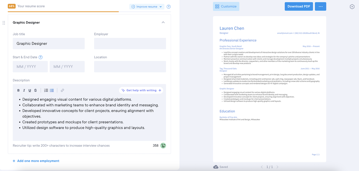 Image of the pre-written phrases suggested by the Resume.io builder for a work history section.