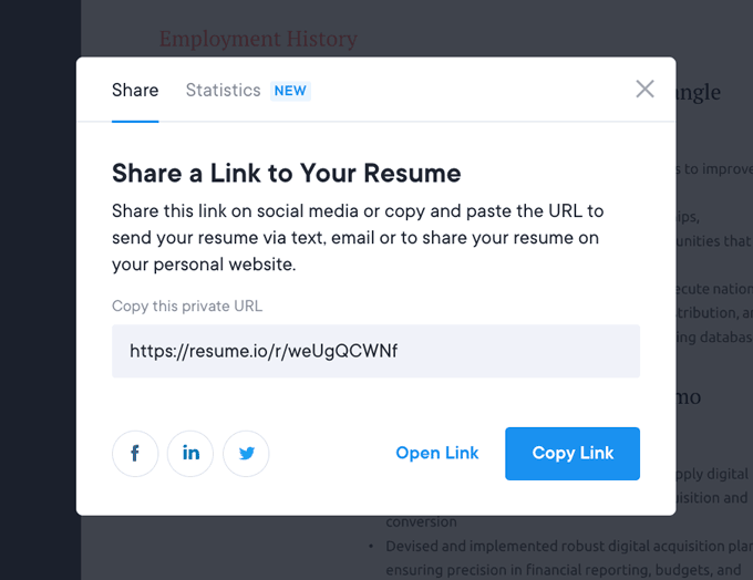 An image showing the share via a link feature for our Resume.io review.