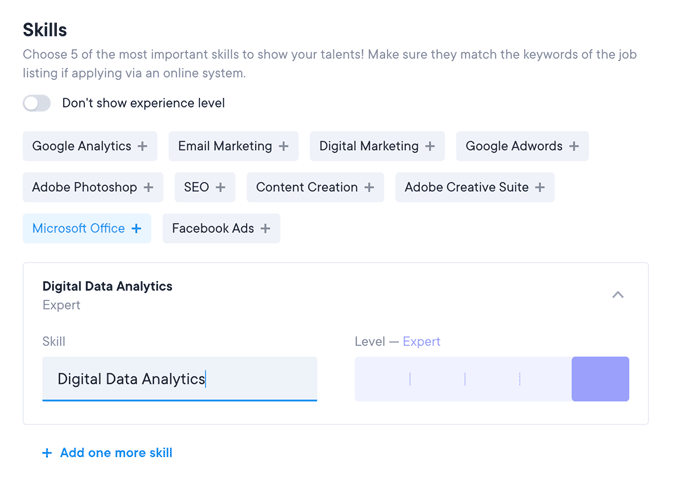 Example of the skills suggested by the builder for our Resume.io review.