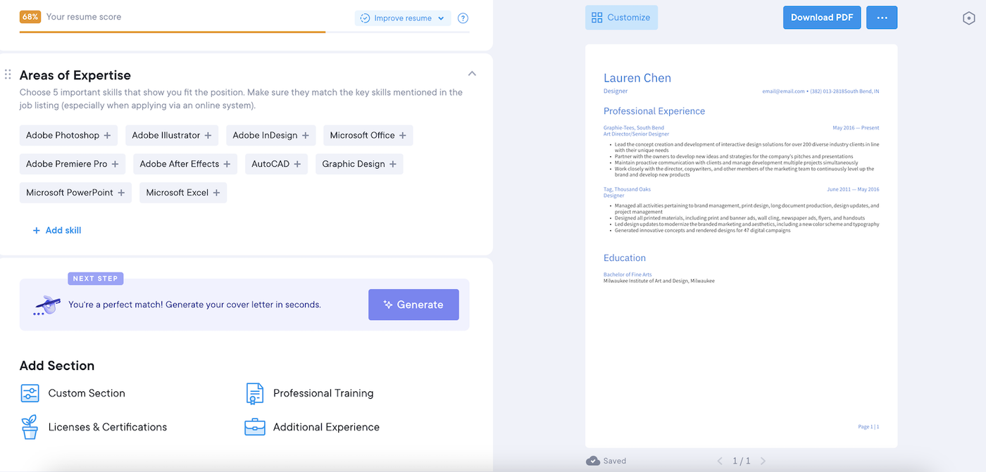 Example of the skills suggested by the builder for our Resume.io review.