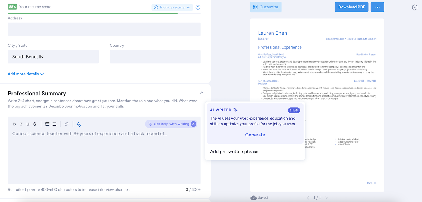 Image of the pre-written phrases suggested by the Resume.io builder for a resume summary.