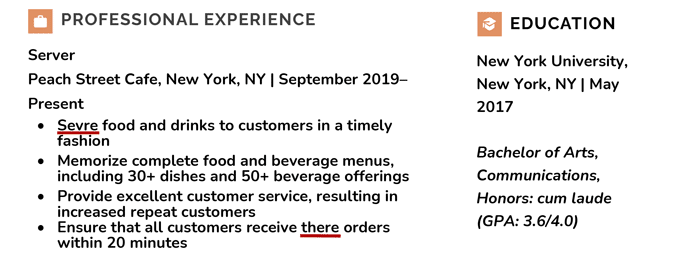 Example of a resume mistake - a work experience section that includes misspelled words.