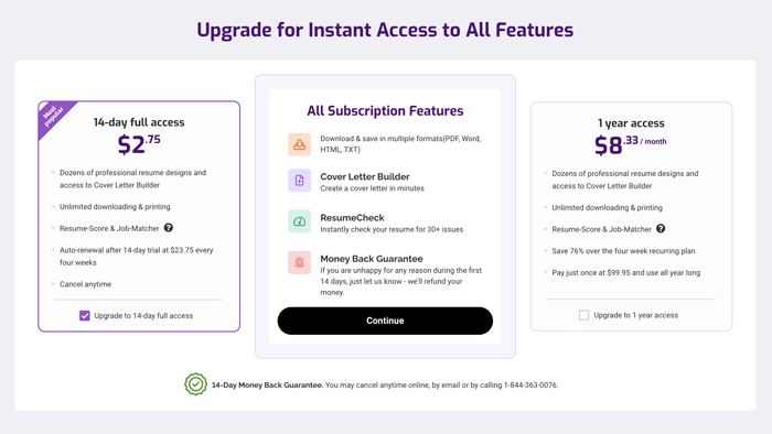 A screenshot of ResumeNerd's subscription plan pricing options