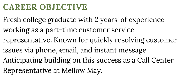 A resume objective example for experienced workers with green header text and three sentences describing the applicant's relevant work history