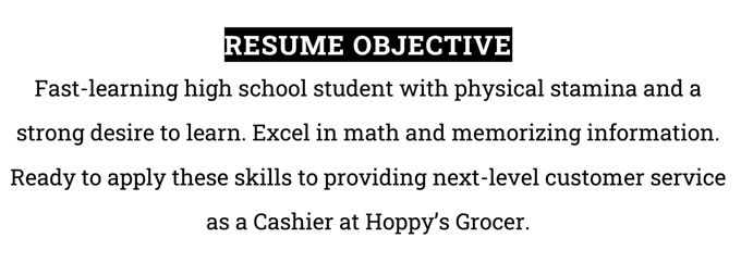 A resume objective example with a bold black header and centered text for inexperienced applicants