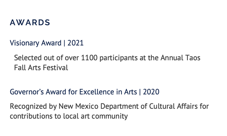 An example showing the awards part of a resume for professional awards
