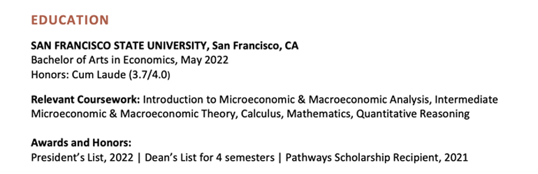 An example of the education section of a grad school student's resume showing relevant coursework and academic honors