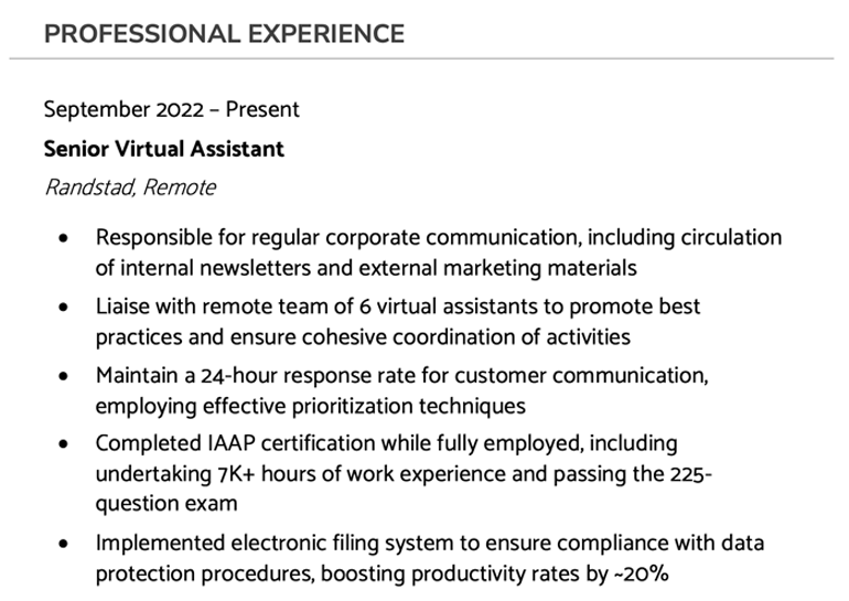 An example of the work experience part of a resume with properly formatted bullet points and job information