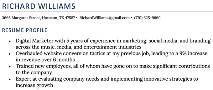 Example of resume profile bullet format