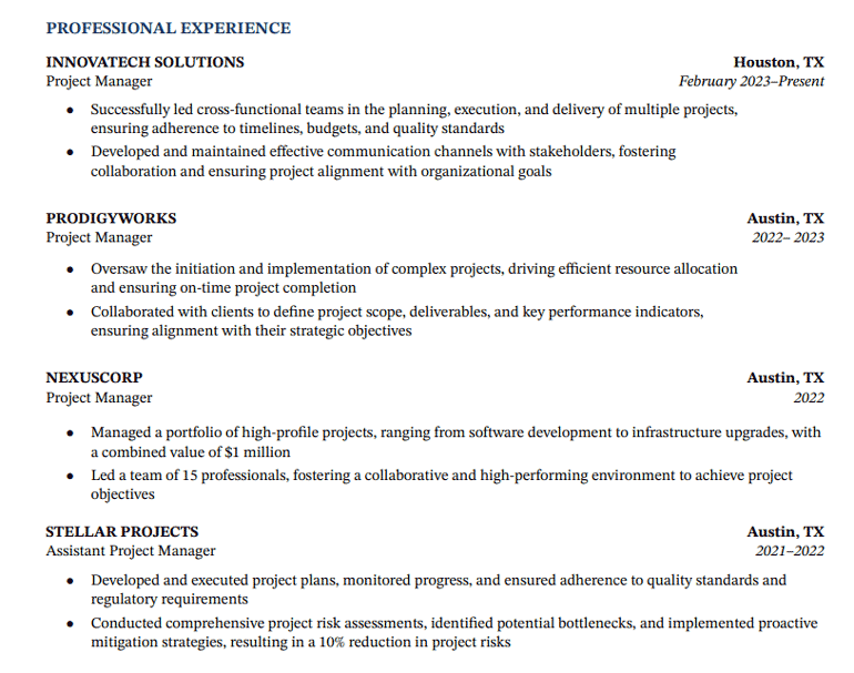 A professional experience section of a resume that includes four project management jobs in a two-year period with little detail included about each.