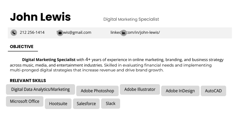 Example of part of the poor formatting that makes a resume a red flag, with different sized fonts, misaligned icons, and poorly spaced elements.