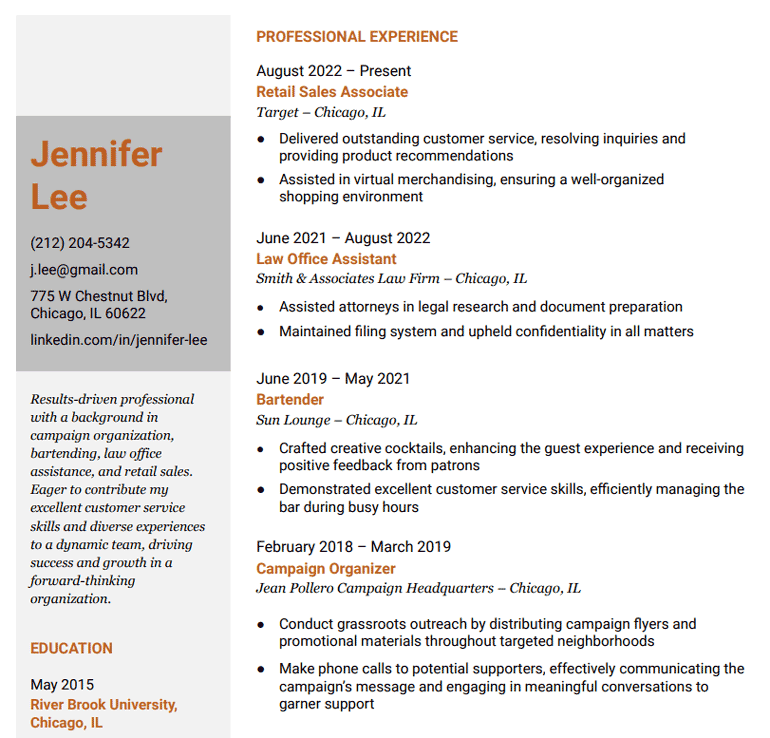A resume showing a work experience section that includes four very different jobs, which might be a red flag for employers.