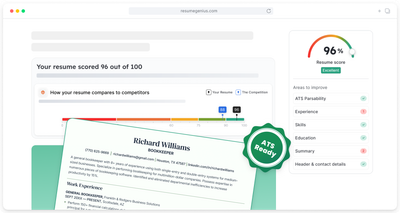 An illustration of the resume scanner results page showing a resume score and ATS-ready resume