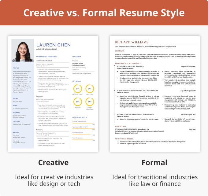 An example of a creative resume on the left, featuring a headshot and graphics, and a formal resume on the right with a minimalist design