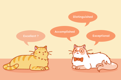 Illustration showing two cats, one inquiring "Excellent?" in a speech bubble, and the other – with a bowtie – offering three synonyms, also in speech bubbles: "Accomplished", "Distinguished", and "Exceptional."