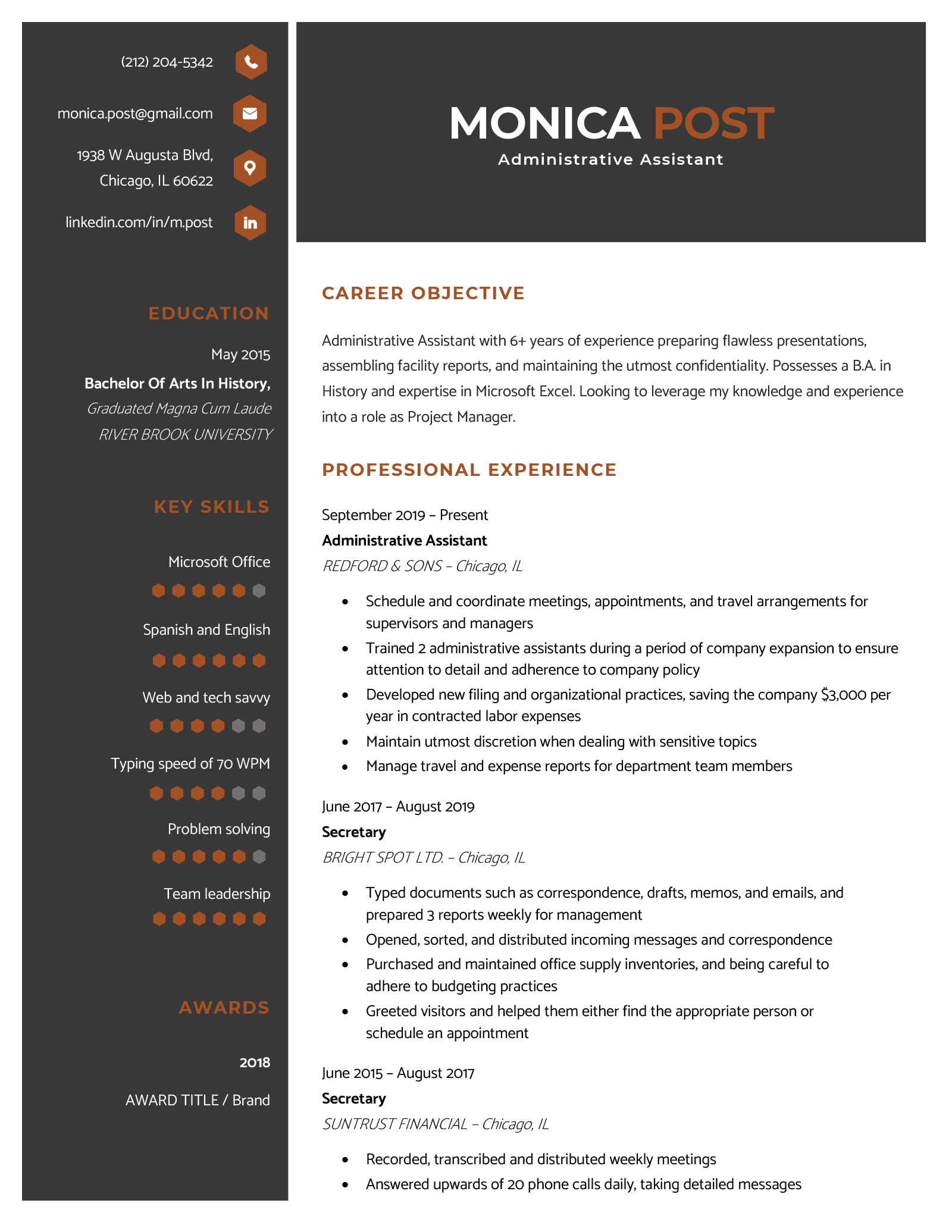 A resume template with a red LinkedIn logo (and other contact information icons), and sections for the applicant's career objective, professional experience, education, key skills, and awards