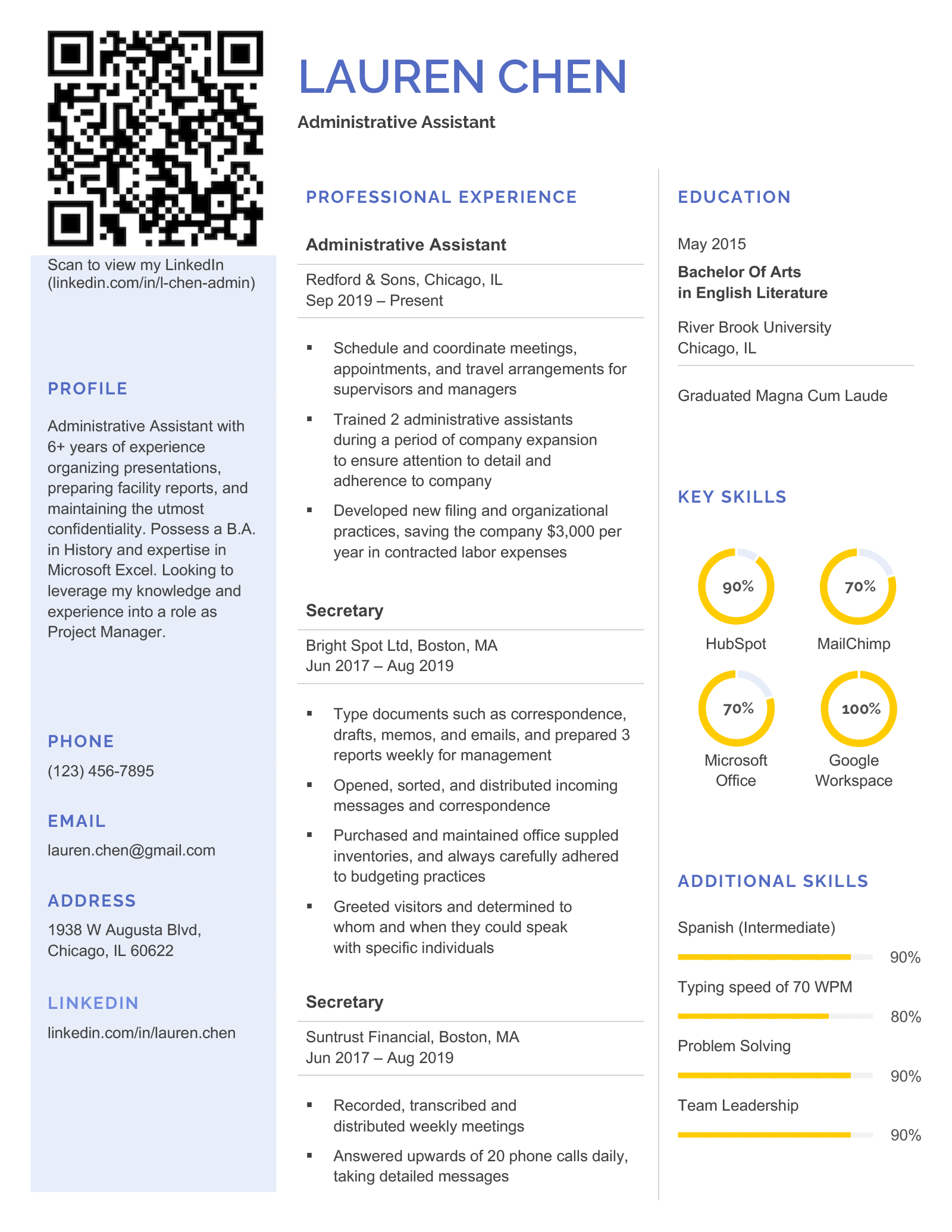 A resume template with a LinkedIn QR code in the top left corner, next to the applicant's name