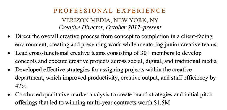 An work experience entry on a resume for a creative director that uses both the present and past tense