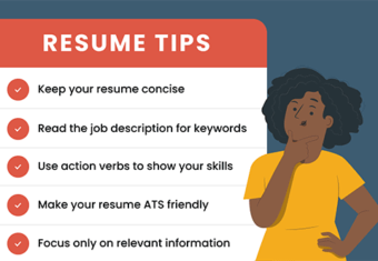 A woman standing in front of some key resume tips such as "keep your resume concise" and "read the job description for keywords"