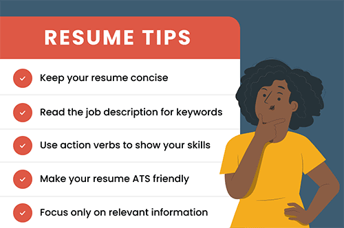 A woman standing in front of some key resume tips such as 