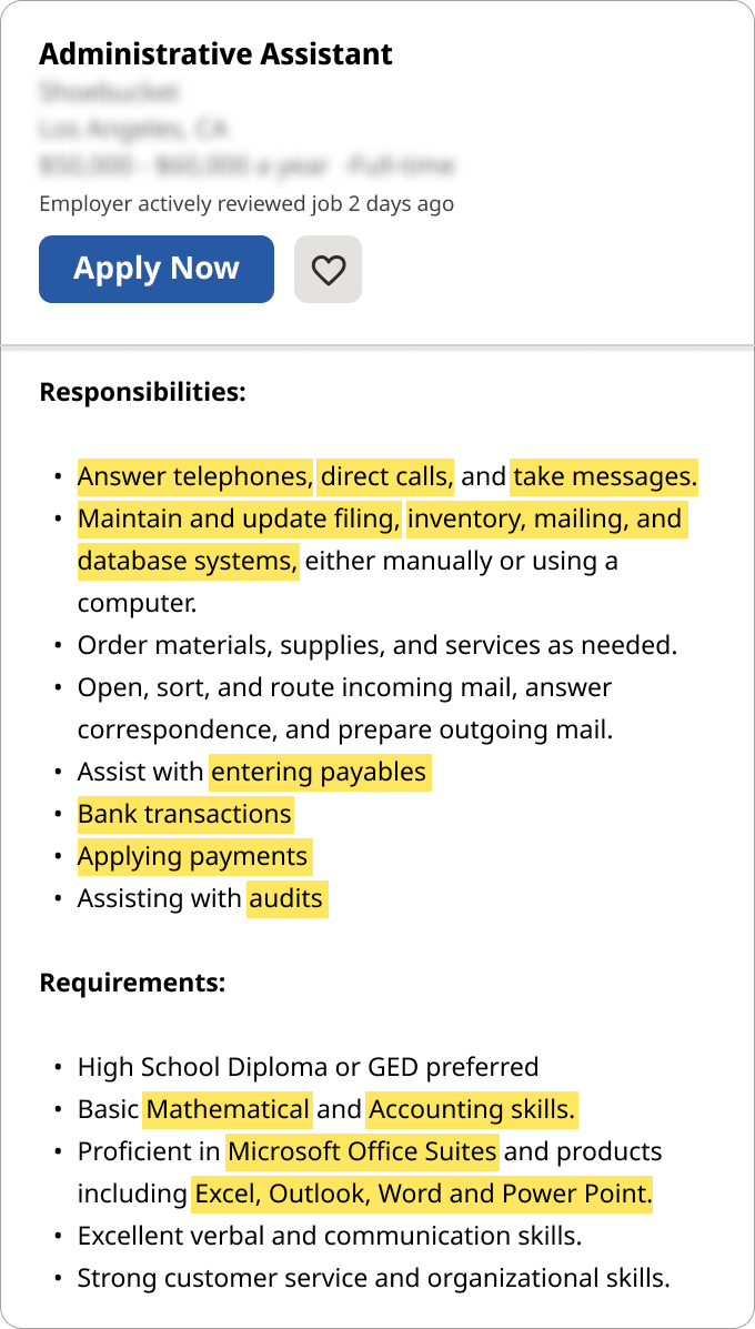 An example of a job ad for an admin assistant position that features relevant keywords highlighted in yellow