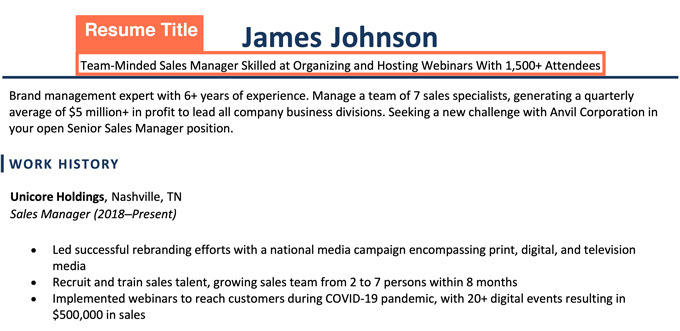 A screenshot of a resume with the resume title labeled and outlined in orange
