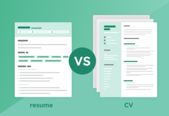 An illustration of a standard one page resume compared with a multipage academic CV. Both documents are featured on a green background with a 'vs' in between them.