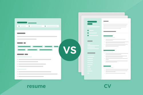 A CV and a resume placed side by side to visually compare and contrast them, set against a gray background.