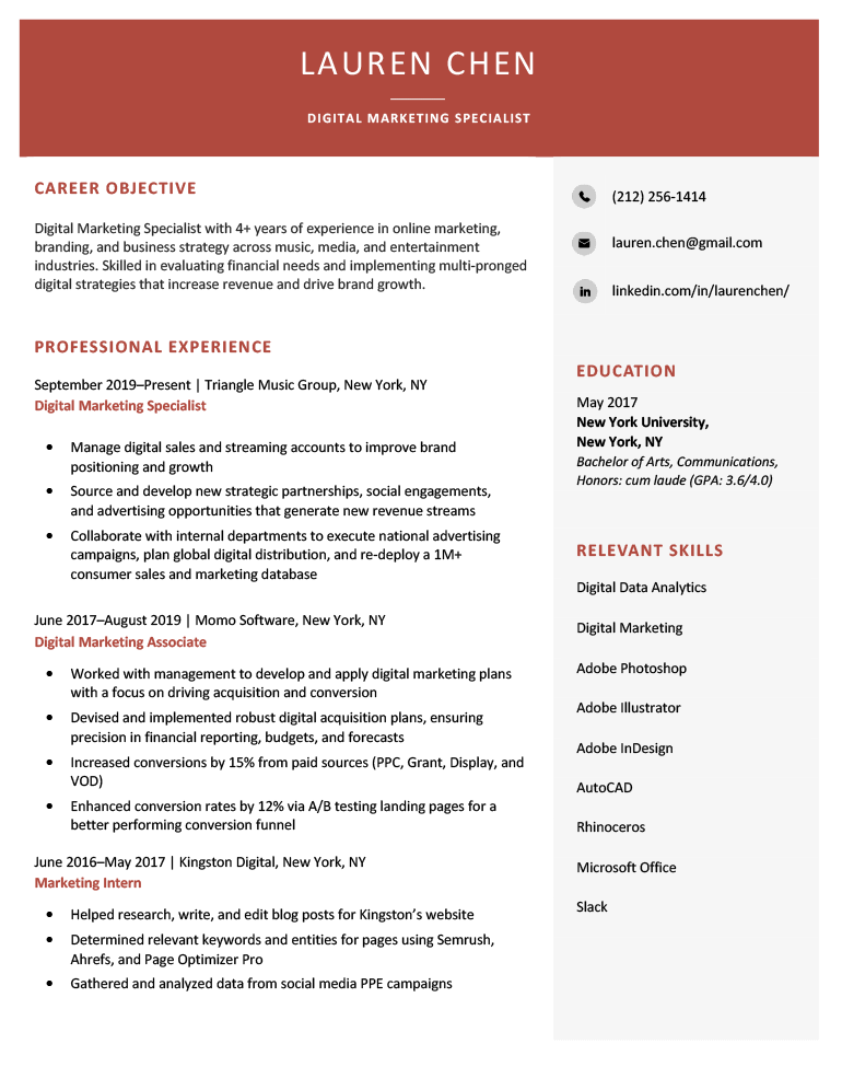 Example of a resume that doesn't make any major mistakes and does a good job of communicating the candidate's skills.