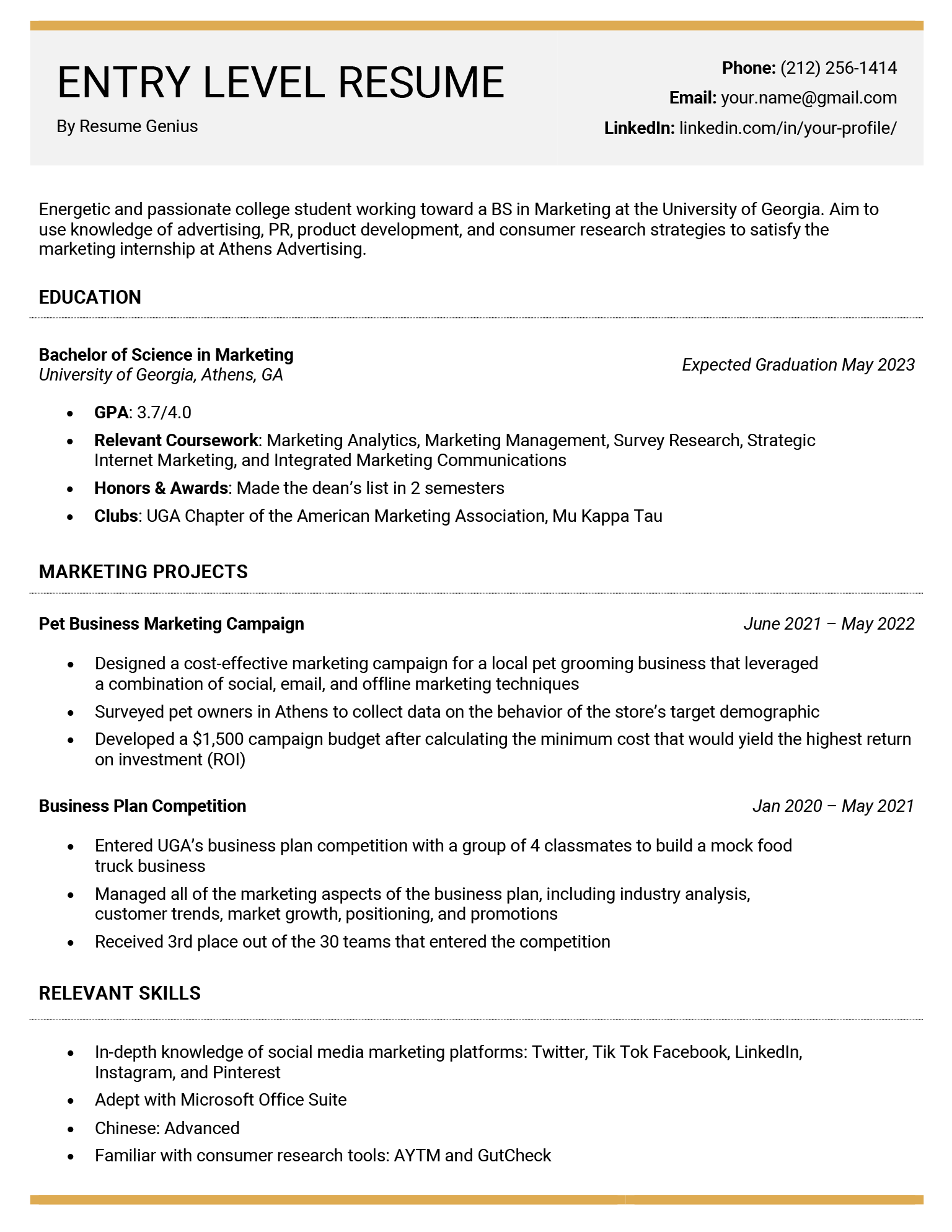 An example of a resume written by a candidate with no work experience