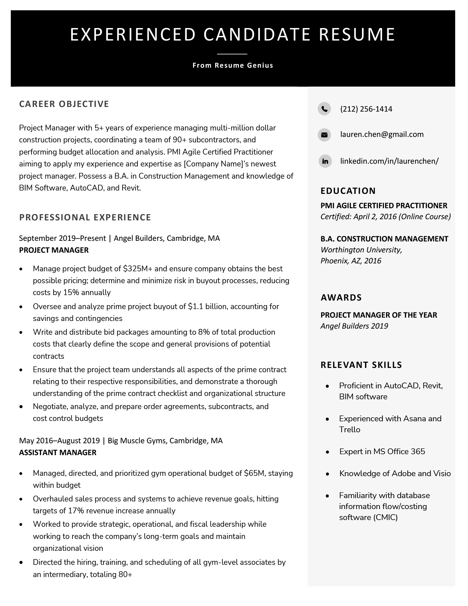 An example of a resume written by a candidate with work experience