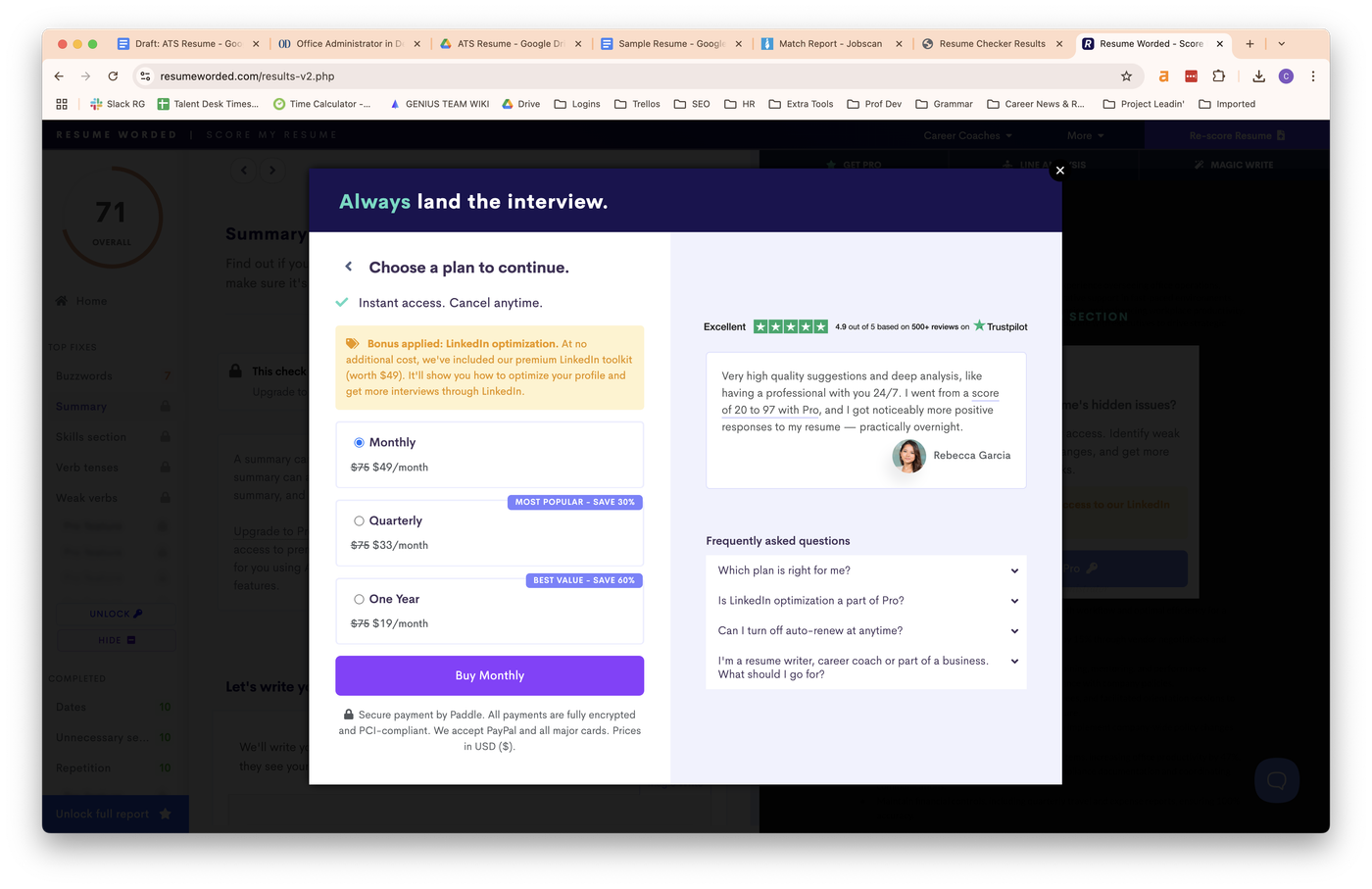 Screenshot showing Resume Worded