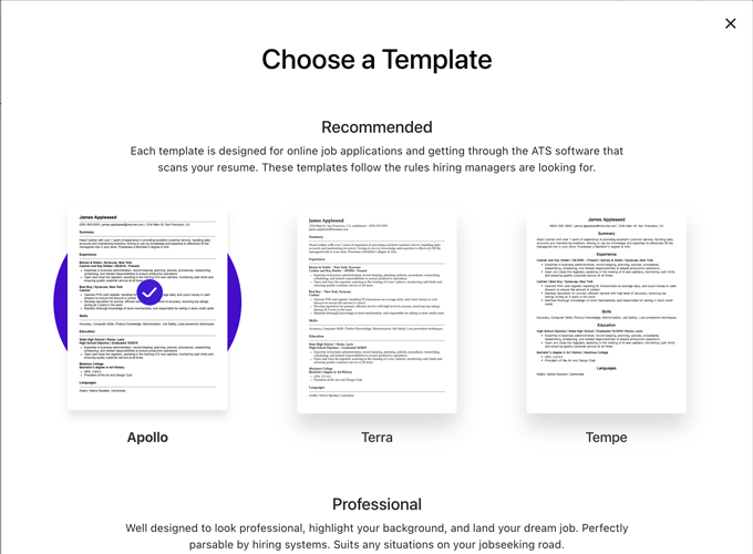 an image of template selection on resume.com