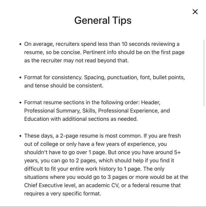 an image of the resume general tips section on resume.com