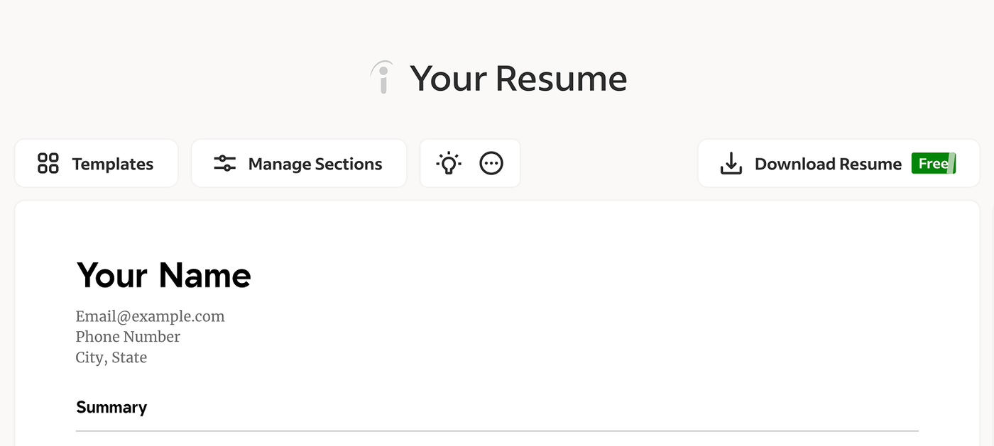 an image of the manage resume sections option on resume.com