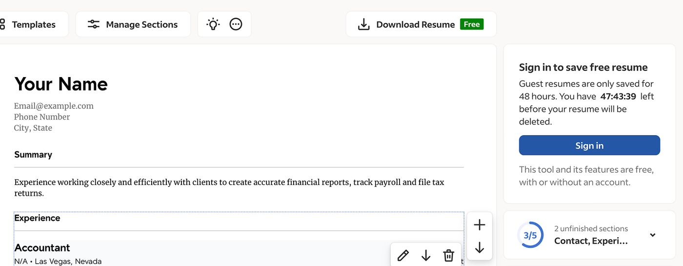 an image of the 48 hour saving option as a guest mode feature on resume.com