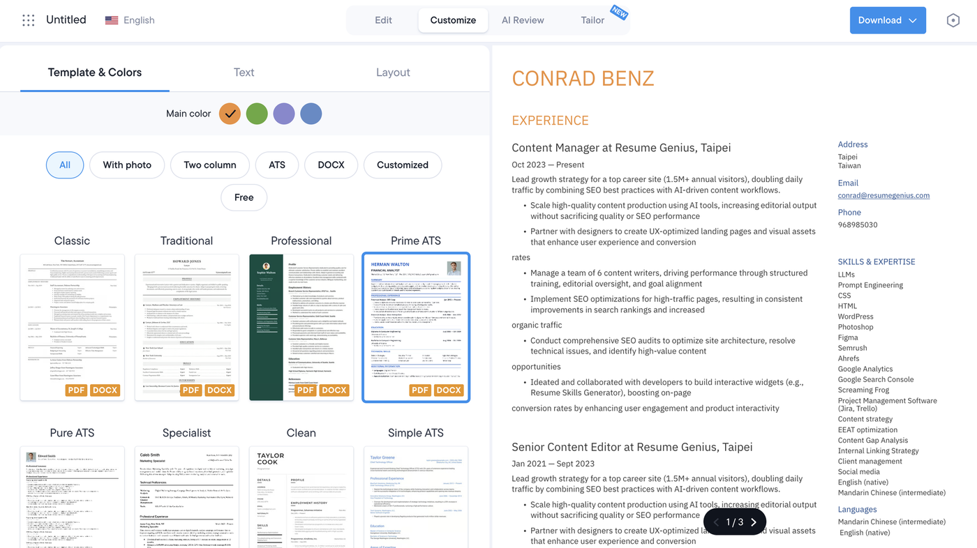 Preview of the resume.io resume builder template selection