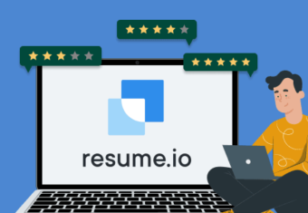 Graphic depicting a job seeker looking at Resume.io reviews.