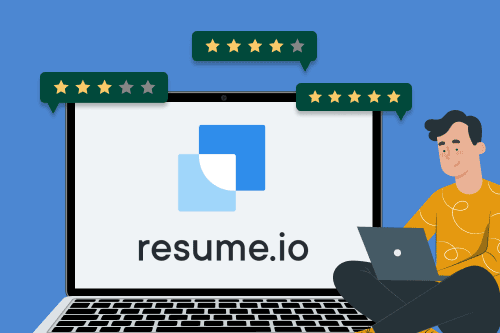 Graphic depicting a job seeker looking at Resume.io reviews.